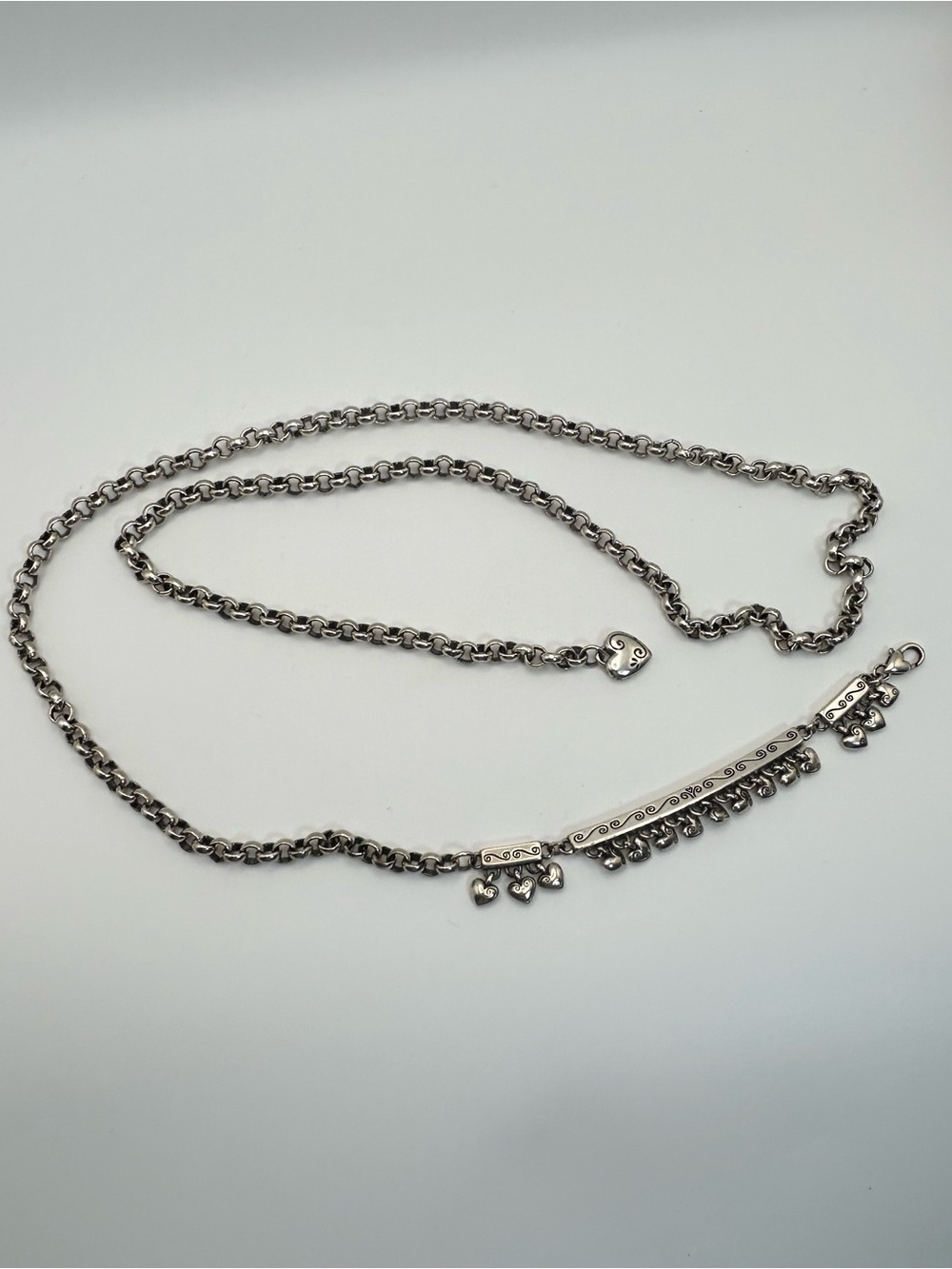 Brighton Dangling Hearts Chain Belt 40"L Round Link Silver Plated Vintage - Picture 5 of 12
